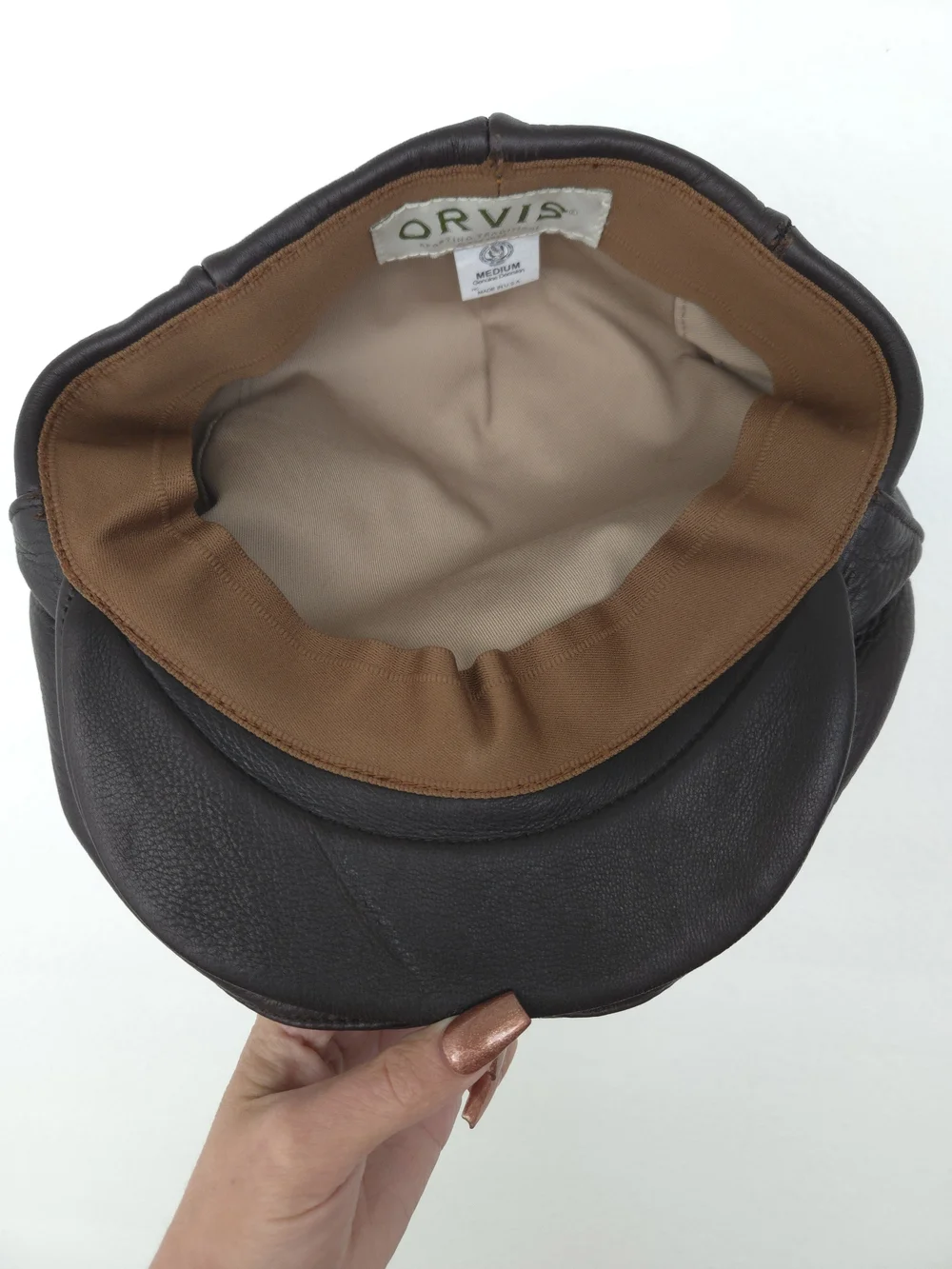 Orvis Deerskin Dark Brown Leather Newsboy Flat Driving Cap Vintage Made In USA M